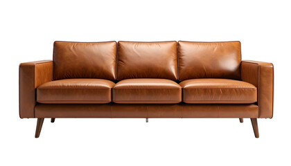Modern, three-cushion leather sofa with straight arms and wooden legs, isolated on black