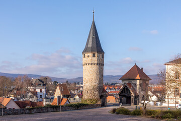 view to old city gate tower, also called witch tower or former prison  of Bad Homburg