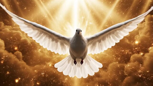 Resurrection video - White holy spirit bird in flight appearing through golden divine light and shining smoke, Christian Pentecost concept.