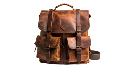 A rugged, worn leather backpack with multiple pockets and straps, set against black
