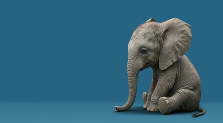 An illustration of a sad but cute baby elephant sitting on its haunches. Ample copy space. A lonely pachyderm. An expression of gentle sadness and vulnerability.