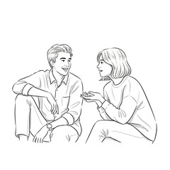 Fototapeta premium Happy couple talking and smiling, line art illustration, casual conversation