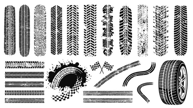 Tire tread marks after skidding, launch, drift, powerslide in motorsport, rally, off-road, motocross. Wheel texture with splash effect. Vector, JPEG version.