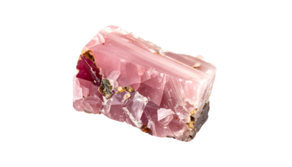 Close-up of a roughly hewn, translucent pink mineral specimen against a black backdrop