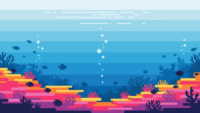 Vibrant underwater landscape with coral and fish in a stylized ocean scene from a horizontal viewpoint