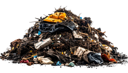 Close-up view of a large, diverse pile of assorted trash and discarded materials