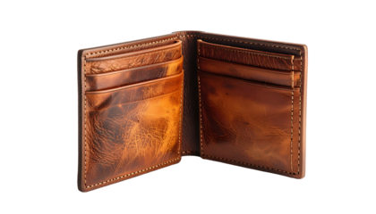 Open, weathered brown leather wallet showcasing card slots against a black background