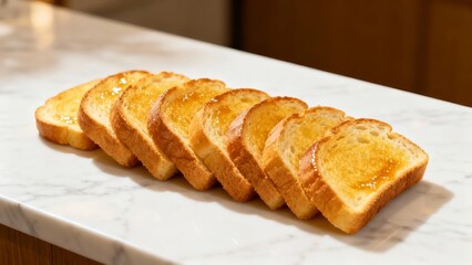 Slices of toasted bread arranged in a row on a marble countertop
