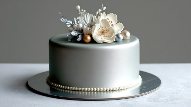 Silver cake with winter white floral decoration on light background, copy space