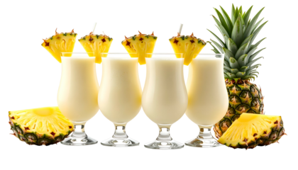 Four creamy tropical drinks with pineapple slices & whole fruit against a transparent background