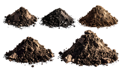 Five piles of various colored soil, arranged artfully on a stark black backdrop