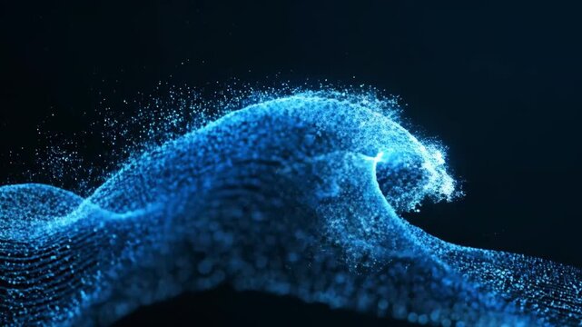 A blue wave made of tiny dots forms a glowing crest on a dark background