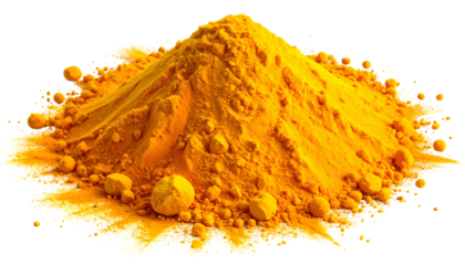 A vibrant, yellow mound of finely ground spice, possibly turmeric, with a golden hue