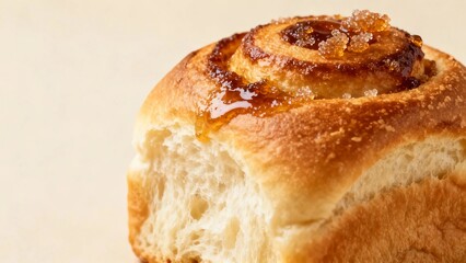 A close-up of a freshly baked cinnamon roll with a golden-brown crust and caramelized sugar swirl.
