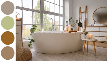 Interior of bathroom with burning candles and bathtub. Different color patterns