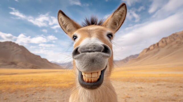 Smiling funny horse showing teeth in desert