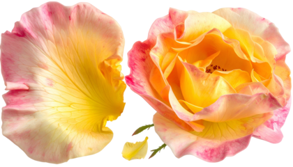 Close-up of a vibrant rose and a detached petal, featuring a yellow and pink palette