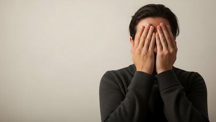 person wearing dark clothing covering their eyes with hands