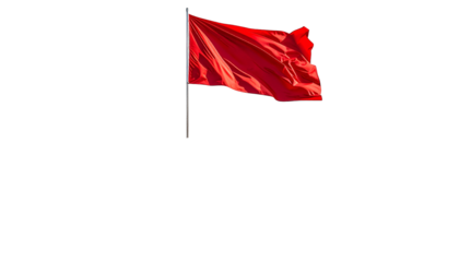A vibrant red flag flutters atop a pole against a stark black background
