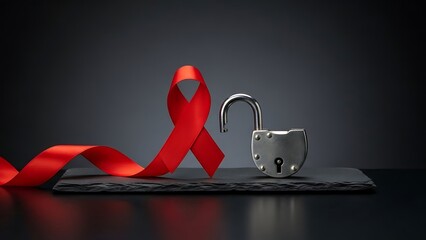 bright red awareness ribbon placed beside an open padlock