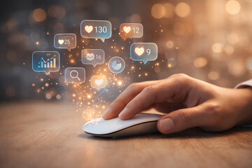 Digital marketing concept with glowing social media icons floating above a computer mouse, hand clicking for online business growth and analytics.