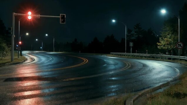 Cinematic 4K slow motion stock video of curved road at night isolated under black sky with light reflections from traffic lights dynamically scattering across wet