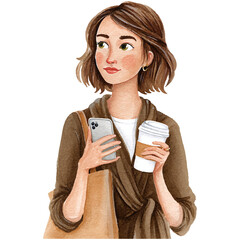 a girl holding a smartphone and a coffee