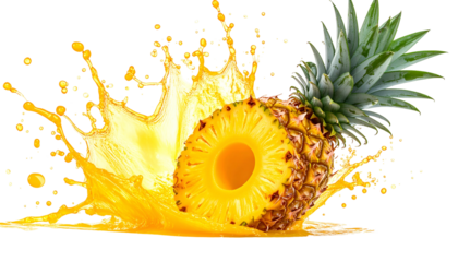 A halved pineapple bursts with juice in a splash. The crown intact, against a void