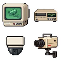 Fototapeta premium Retro tech items security monitor showing camera icons and vintage recorder capturing surveillance footage with nostalgic mood pixel art style