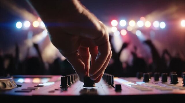 DJs Hand Adjusting Mixer Knobs at a Concert, Close-Up.