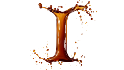 Brown liquid shaped like the letter I, splashing outward against a black background