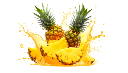 Fresh pineapples and slices erupt in a splash of vibrant, golden juice