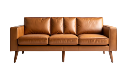 A contemporary, brown leather sofa with three cushions on a black background