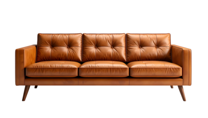 A polished brown leather sofa, three-cushion design, button tufting, on tapered wooden legs