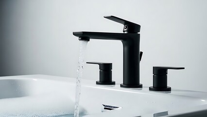 black matte bathtub faucet pouring water