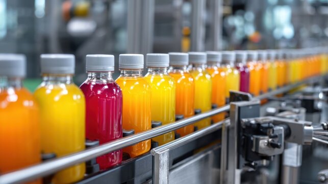 Bottles of various juice colors travel along a conveyor belt in a factory. The production line operates during the day. Workers manage the process in the background.