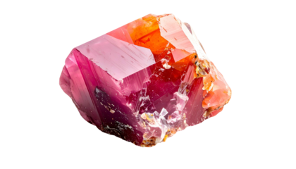 Vibrant, multifaceted mineral specimen with crystalline structures, pink to orange hues
