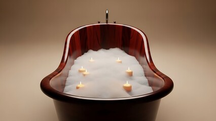 wooden bathtub filled with glossy white bubbles and floating candles