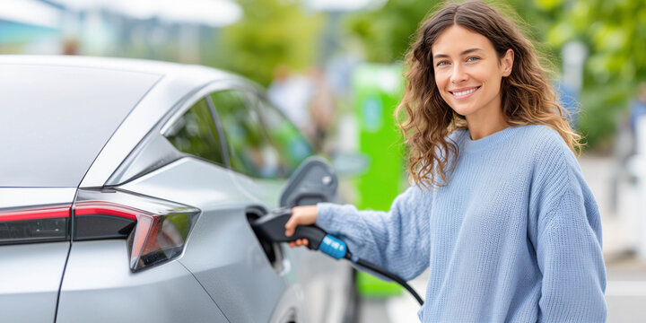 Woman holding a cable charge of electric car. Green energy concept.