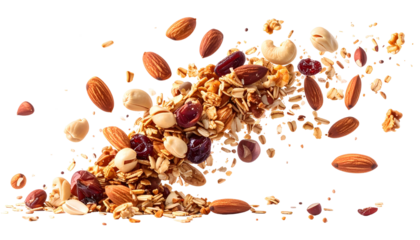 Close-up of granola pouring, with nuts and dried fruit floating mid-air, black backdrop
