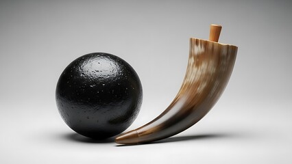 cannonball and powder horn arranged neatly