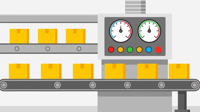 Automated Factory Conveyor System with Two Parallel Belts Transporting Yellow Boxes and a Monitoring Control Panel for Industrial Efficiency.