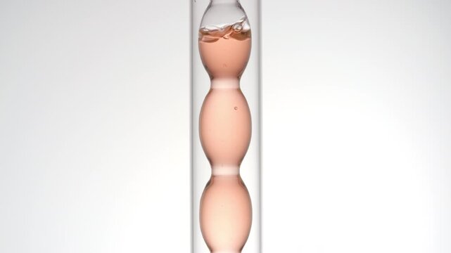 Big close up shot of air bubbles rising through beige clean liquid as it fills and drains from a bulb lab condenser on light grey background | Algae liquid extract beauty chemical formulation concept