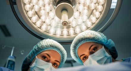 Two female surgeons in masks and caps looking down at a patient under bright surgical lights in an operating room. Low angle view from patient perspective in a modern hospital surgery clinic.