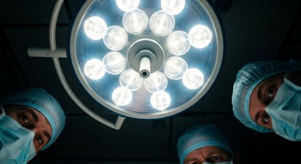 Team of three professional surgeons in masks and caps looking down at the patient. Low angle view from patient perspective under a bright surgical lamp in an operating room at a modern hospital.
