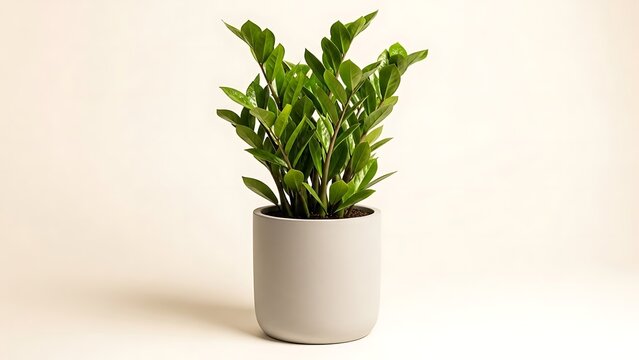 dark green ZZ plant with waxy leaves in a minimalist gray pot