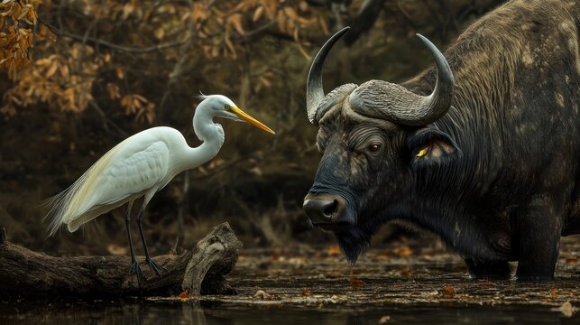African Buffalo and Egret Encounter in a Marsh