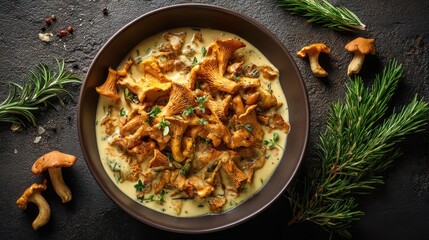 A detailed view shows a bowl filled with mushrooms in a creamy sauce on a dark surface. Fresh herbs are placed around the bowl adding to the kitchen scene.