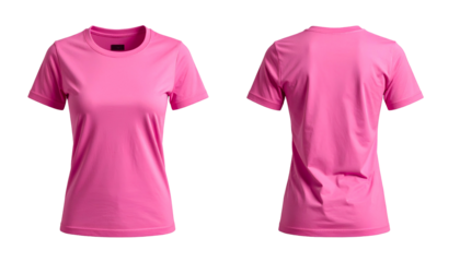 Pink crew neck athletic t-shirt, front and back views, isolated on black