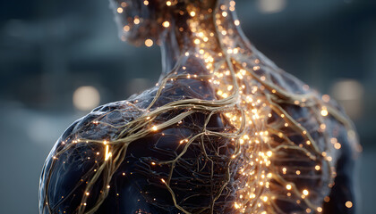 Medical technology concept. Electronic medical record. Holographic with the shape of a human body equipped with a nervous system.